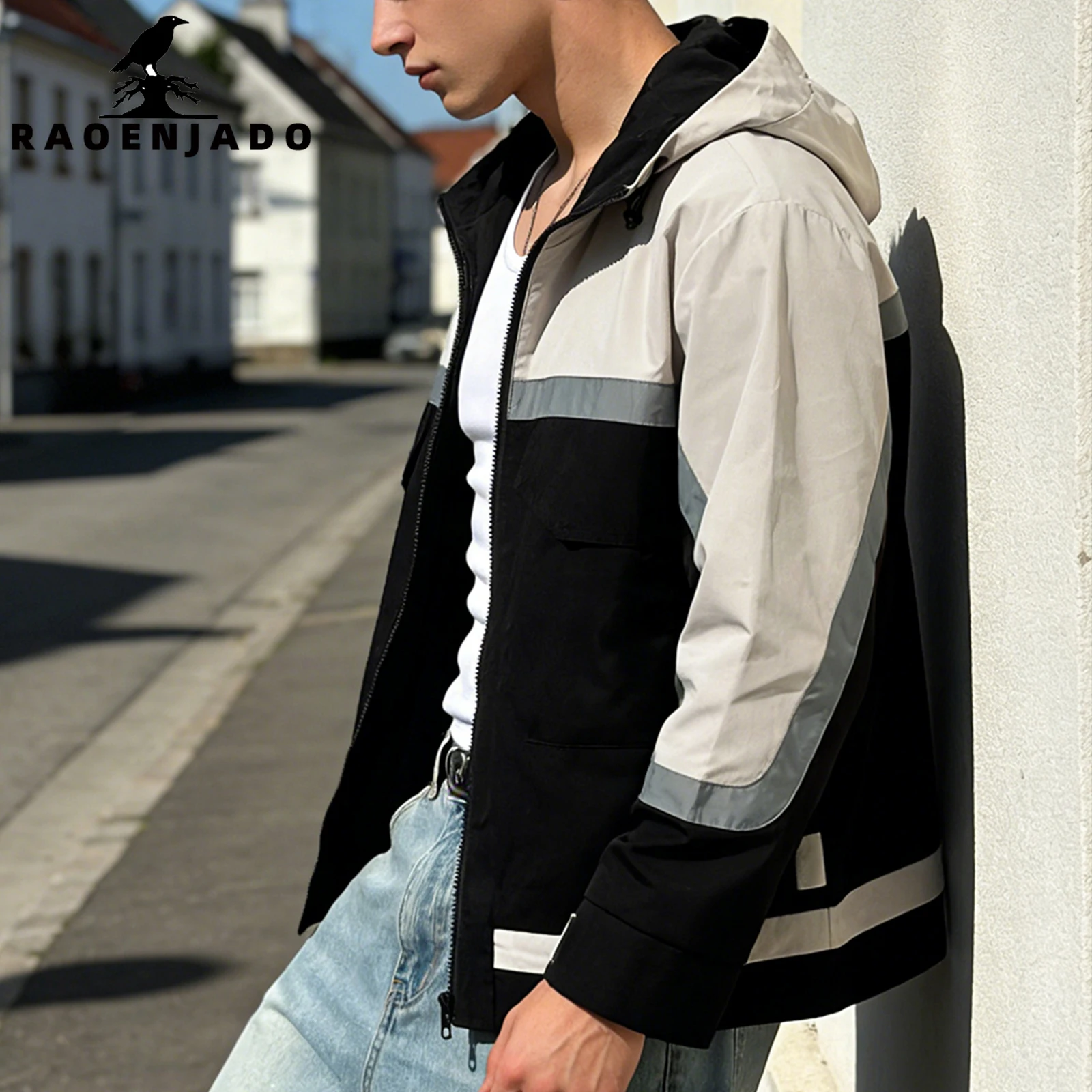 Men's Casual Hooded Jacket Colorblock Windproof Coat Sporty Streetwear Outerwear with Adjustable Hood and Hem for Daily Wear