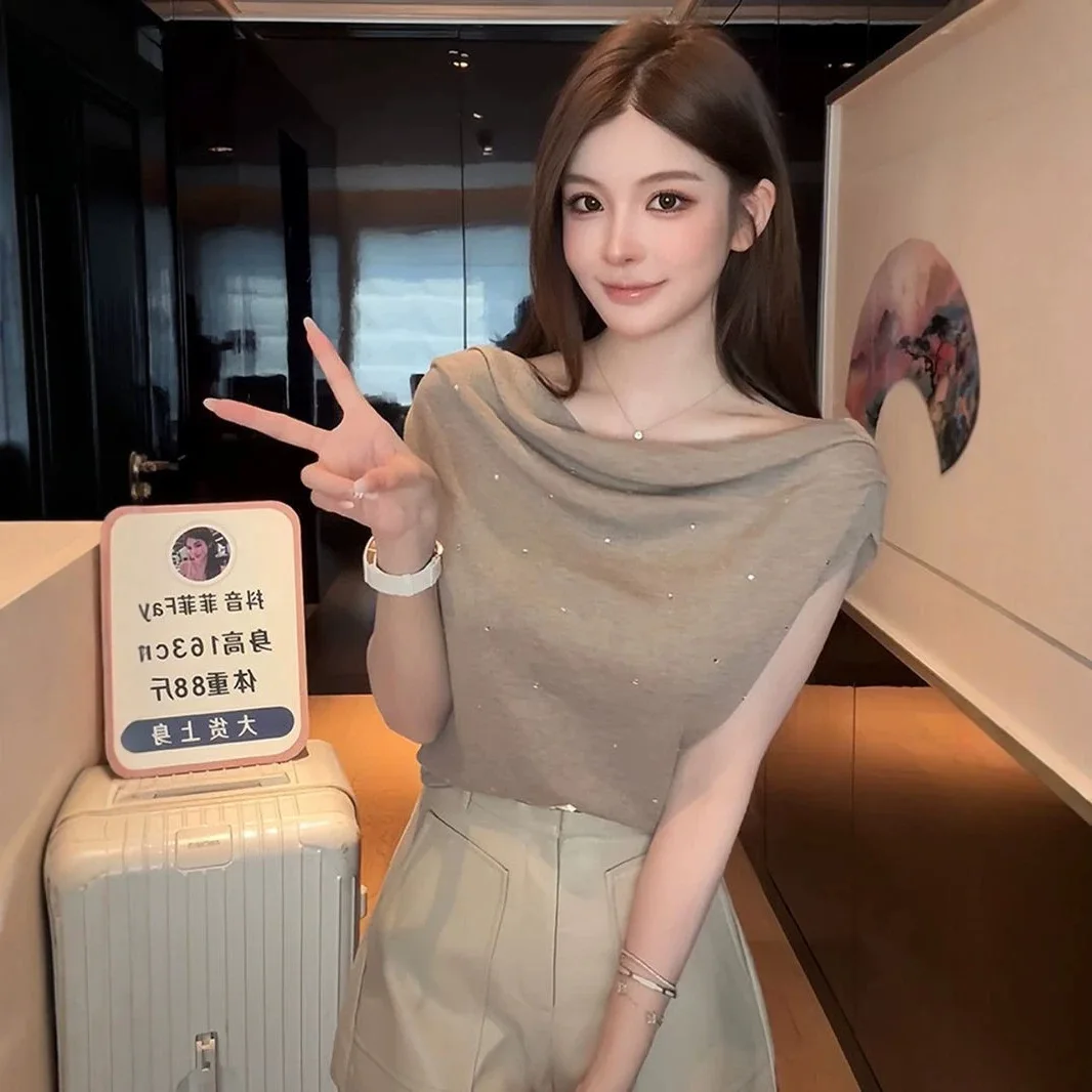 French Style Short Sleeve Slim Fit T-Shirt Women's Knitted Summer New Style 2026 Glittering Versatile Short Length Top