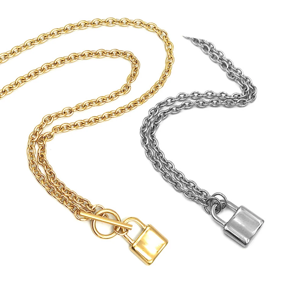 14K Gold Plated Lock Chain Necklaces, Stainless Steel Lock Shape OT Pendant Necklace, Padlock Punk Choker Necklace for Women Men