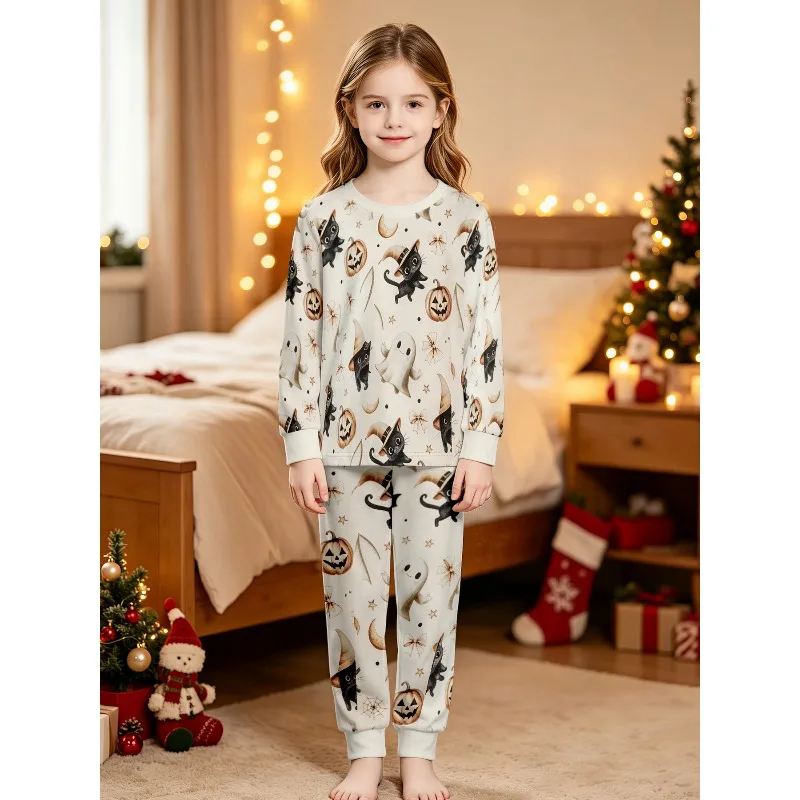 Girls Long Sleeve Pajama Set, Assorted Halloween Cat Ghost Pumpkin Cow Bear Dinosaur Tulip Prints, Perfect Birthday Gift