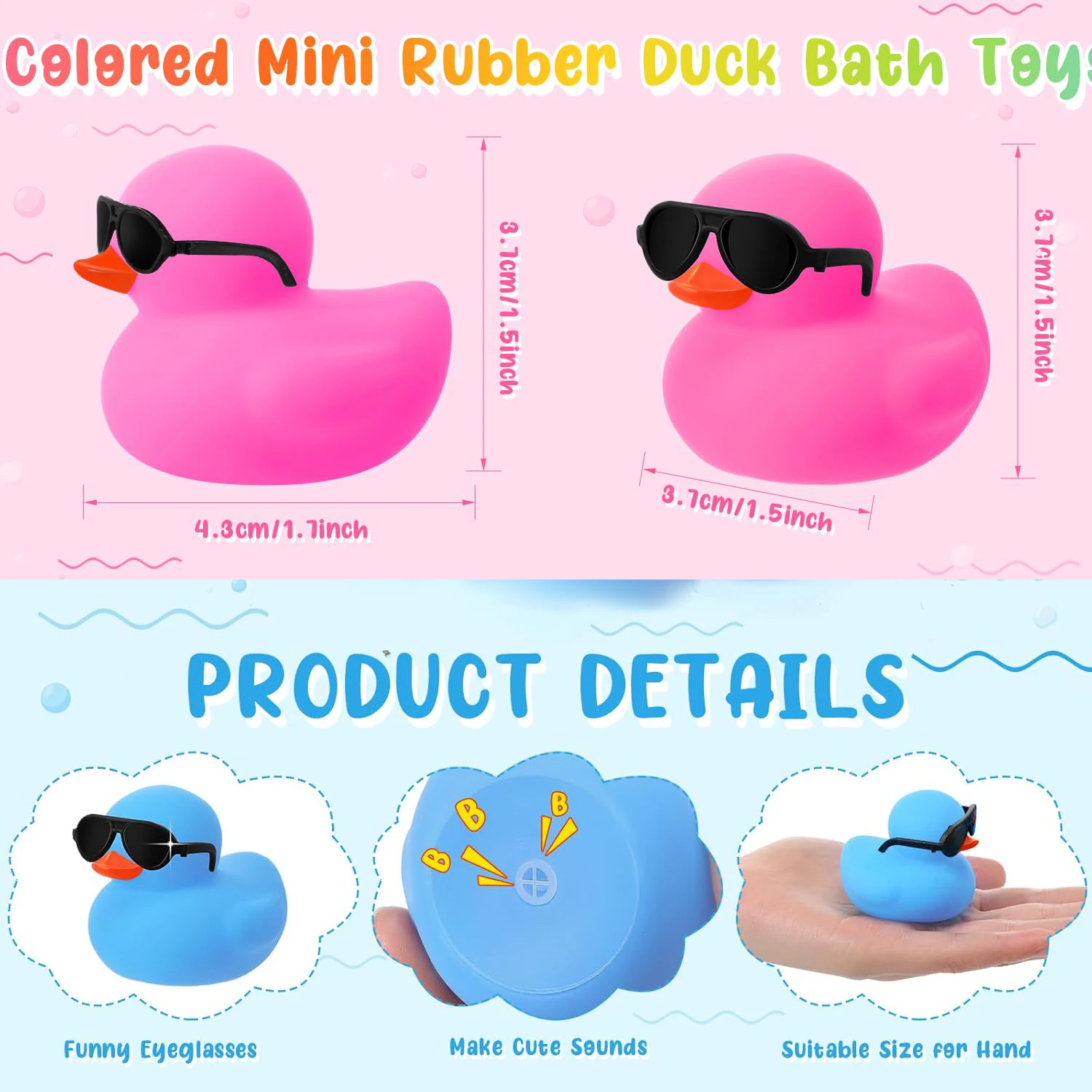 24pc Mini Rubber Ducks Pink with Sunglasses Sets Duck Toys Squeaky Rubber Ducks Cute Duckies for Little One Birthday Party