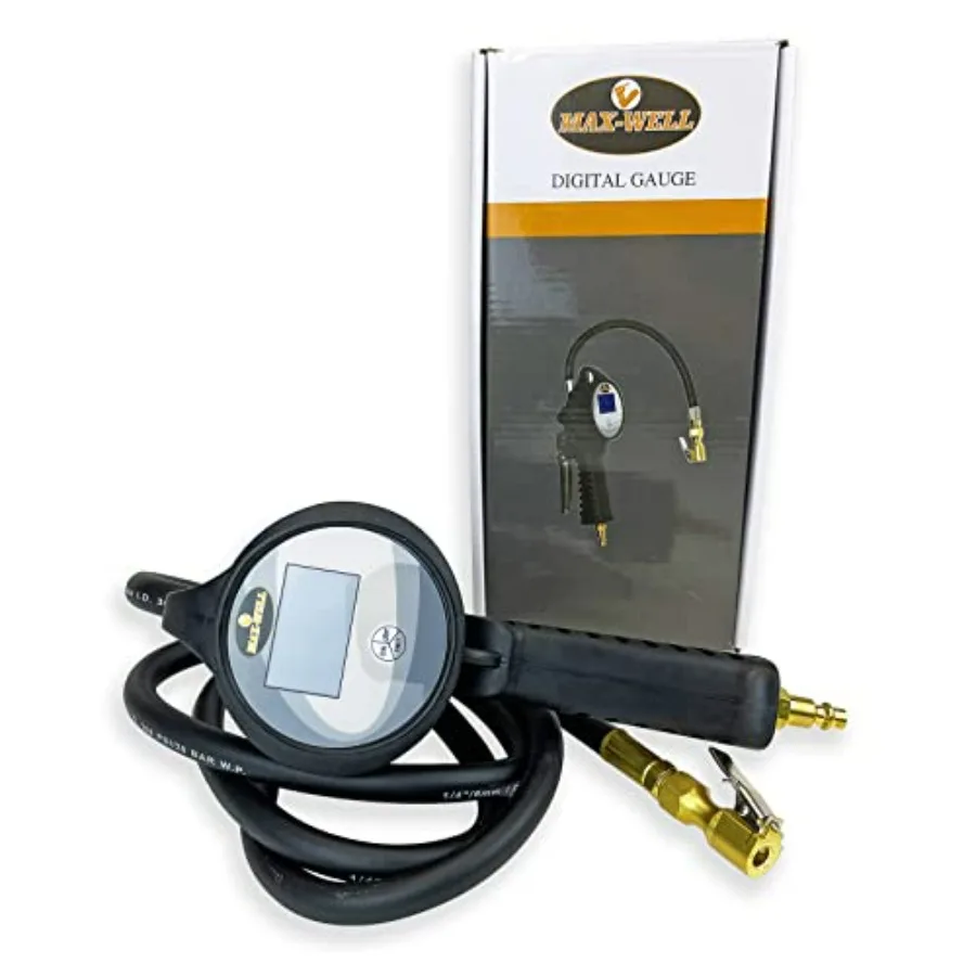 

Max-Well Digital Tire Inflation Gauge with 6 Foot Hose and Clip On Air Chuck for Accurate Pressure Monitoring in Automotive Use