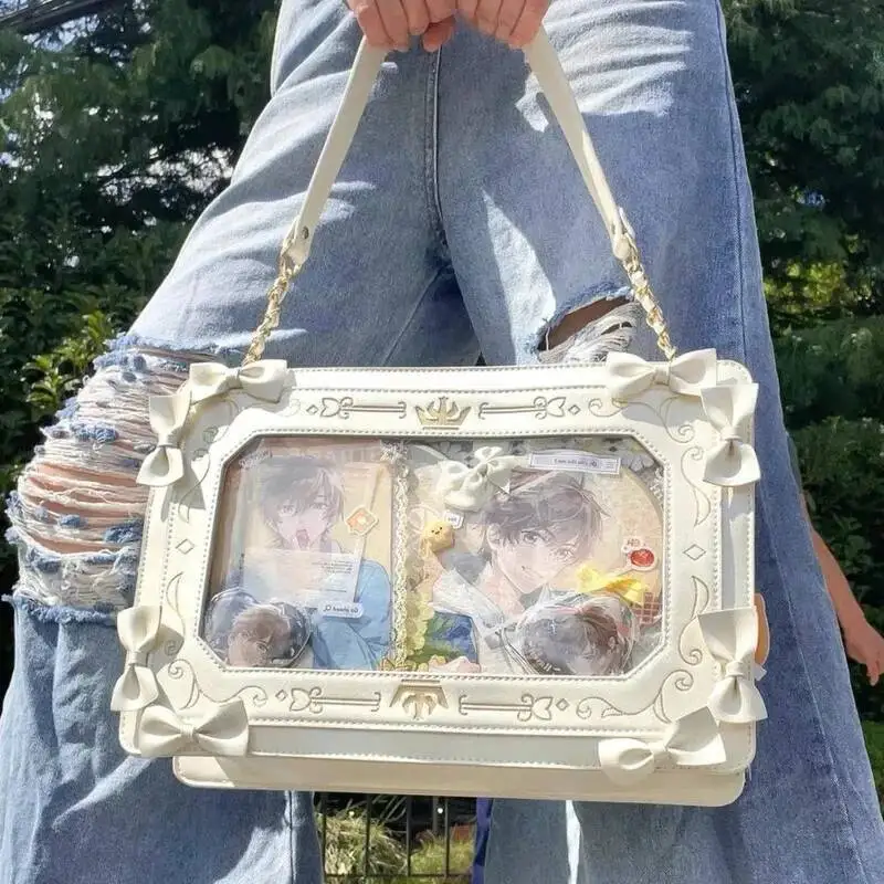 

Bowknot Decor Y2k Lolita Itabag Girl Transparent Pocket Harajuku Pain Handbag Chain Japanese Shoulder Bag PU Crossbody Bag Women
