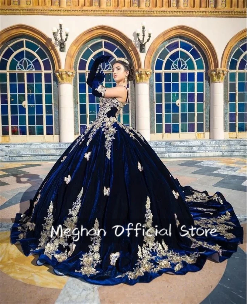 Dark Blue Appliques Quinceanera Dresses Gloves Ball Gown Bead 2024 Party Dress Butterfly Princess Gown Sweet 15 Customized