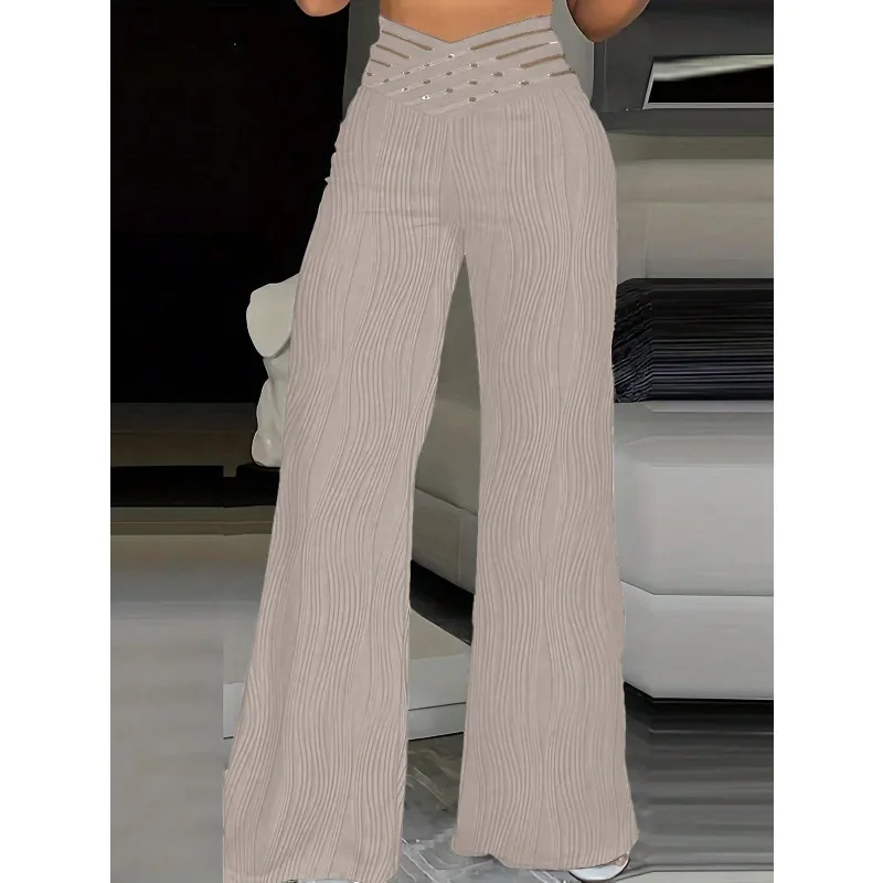 Pantalones de mujer Moda Cintura superpuesta Parche de malla transparente Casual Plain Cintura alta Pierna ancha Pantalones largos acampanados