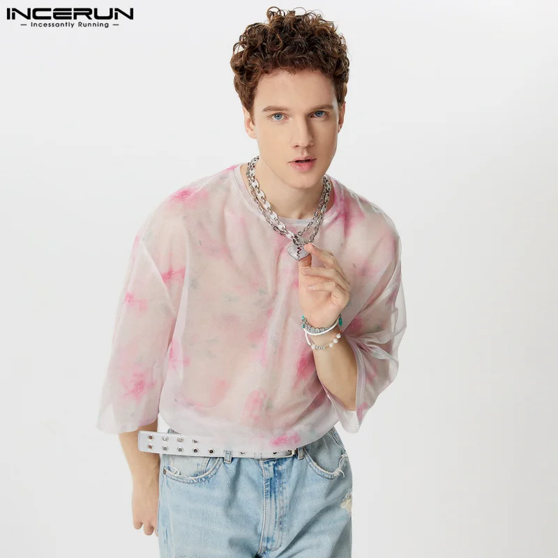 INCERUN Men T Shirt Tie Dye Mesh Transparent O-neck Half Sleeve Sexy Men Clothing Streetwear 2024 Summer Fashion Male Tee Tops