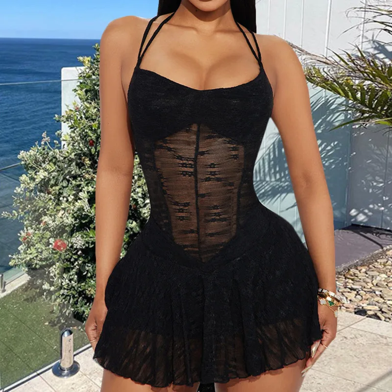 

Women’s Backless See-Through Mini Dress Lace Up Neck Halter Mesh Bodycon Nightclub Dress Sexy Partywear Summer Fashion Look New
