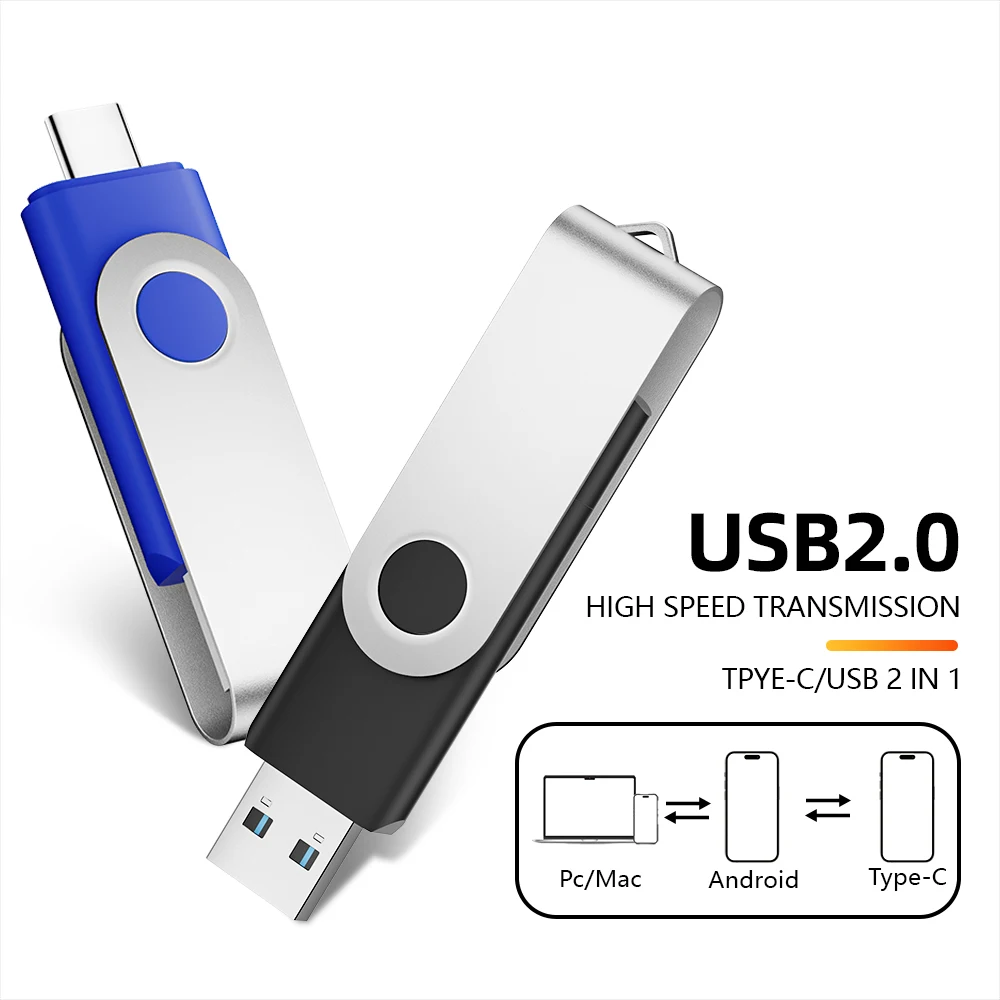 2 in 1 YPE-C 16GB Mobile Phone High Speed USB Flash Drive 128GB Purple Rotatable Pen Drive 64GB With Keychain Green 4GB 8GB 32G