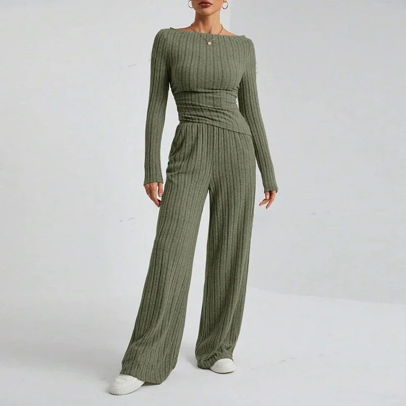 Langarm Top + Elastische Taille Hosen Sport Freizeit 2-stück Sets Herbst frauen Casual Set Einfarbig Sexy Off schulter Abnehmen