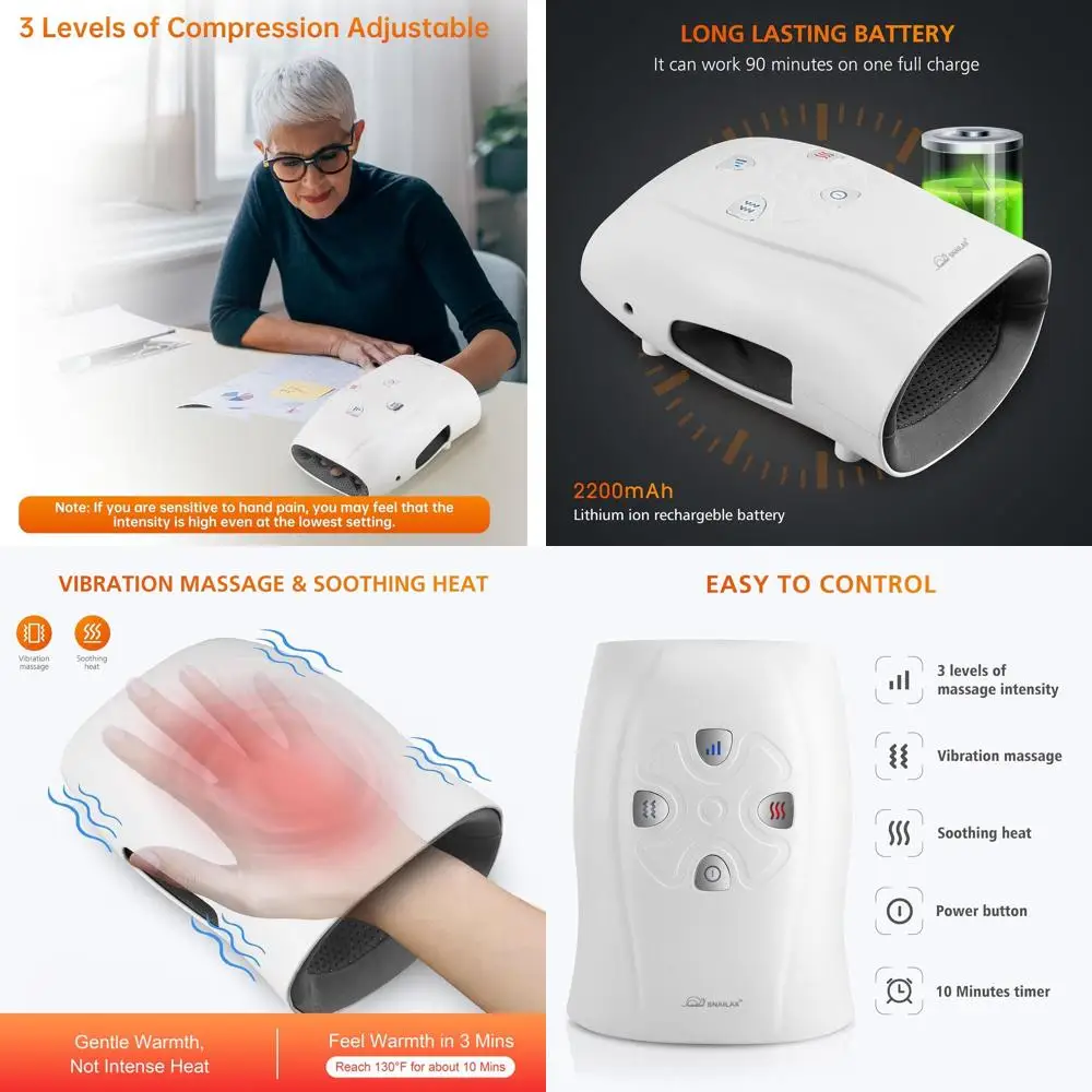 

Беспроводной тепло- и вибрационный массажер для рук, 3-уровневое сжатие, перезаряжаемый, идеальный подарок для всех возрастов