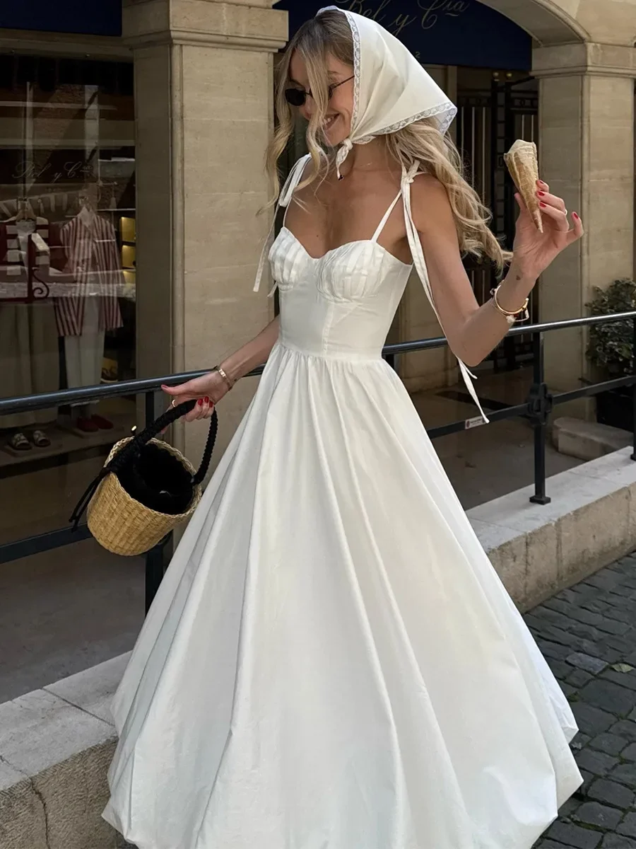 "Pure cotton camisole balloon sleeve sleeveless dress summer waist-binding bubble big-flared skirt white women's clothing"