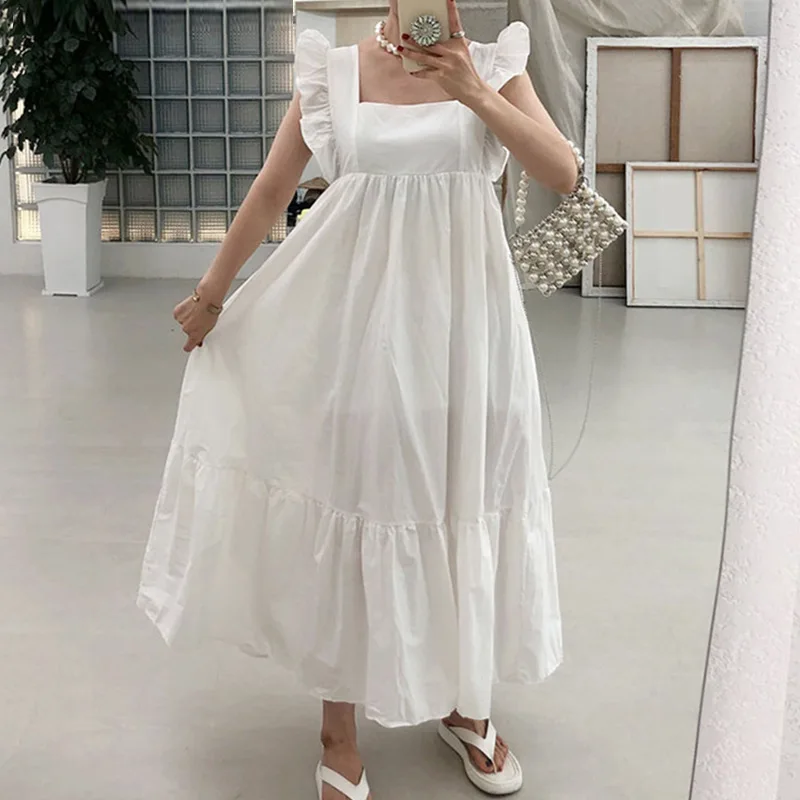 2024 Summer Short Sleeve Casual Dresses Female Loose Pleated Chiffon Dress Women Solid Color Holiday Beach Midi Dresses Vestidos