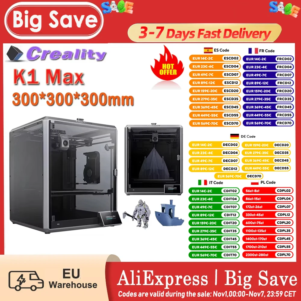 Creality K1 Max Fdm imprimante 3D Corexy avec grand Volume de construction 300X300X300Mm 600 Mm/S vitesse d'impression grand débit Hotend intégré