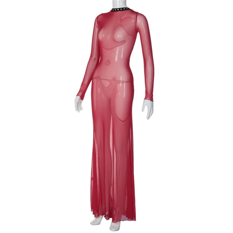 Vestido playero transparente manga larga para mujer, vendajes entrecruzados, Espalda descubierta, acampanado, ceñido para