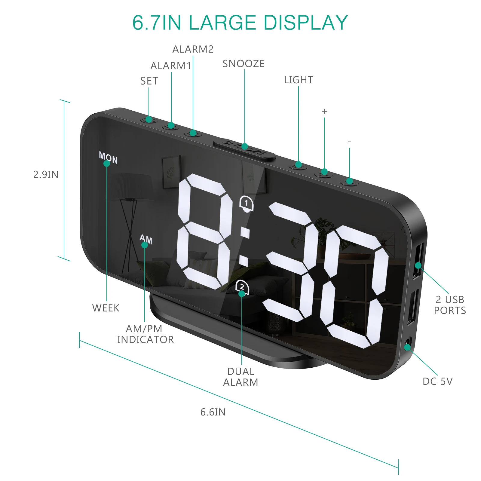 ORIA Digital Alarm Clock 6.7in LED Clock Bedside Desktop Electronic Desk Clocks Snooze Time Night  Alarm Clock 12/24H