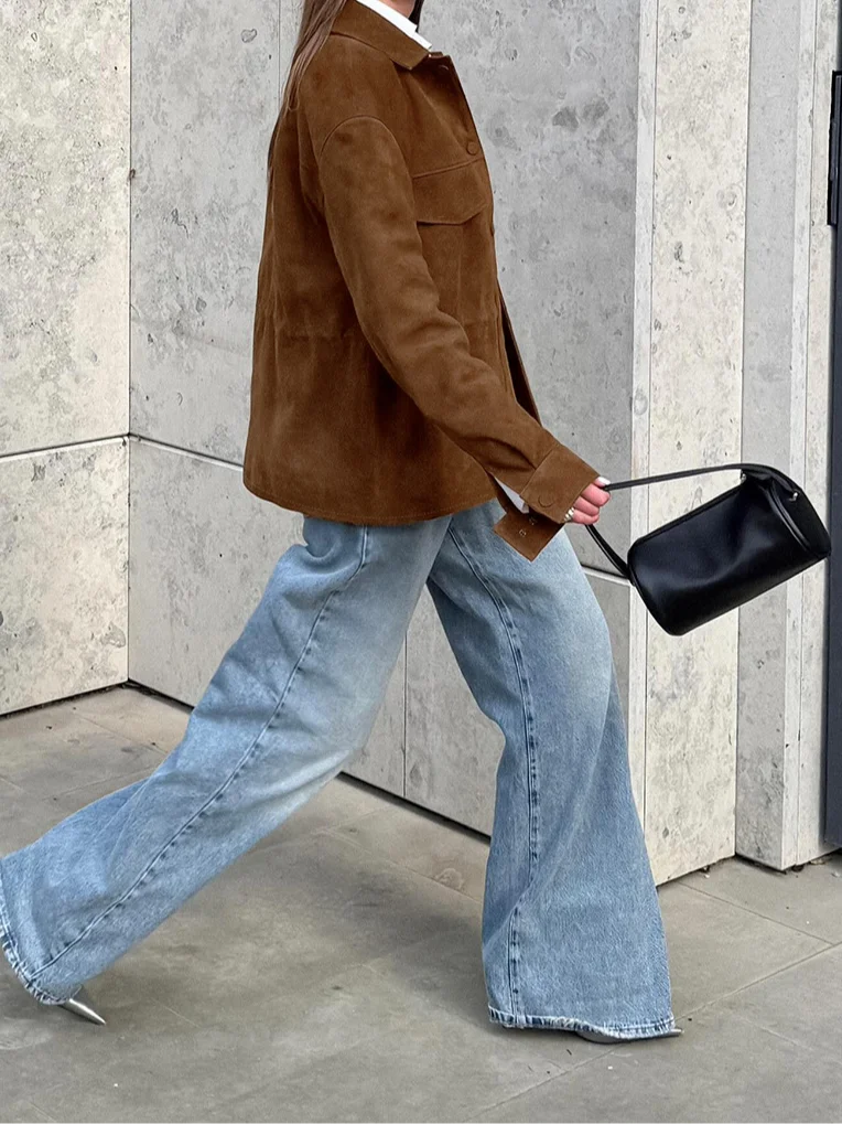 

Коричневая замшевая короткая куртка Y2k, женская однобортная куртка с лацканами на талии и длинными рукавами, новинка 2025, женская верхняя одежда на каждый день