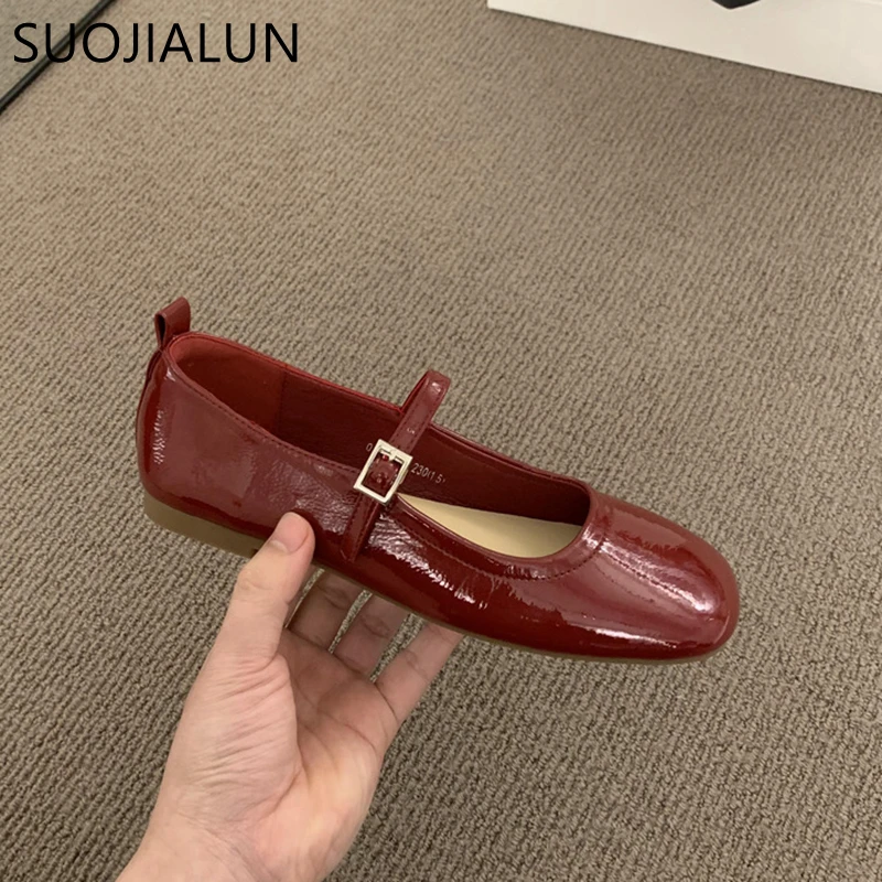 SUOJIALUN 2024 Spring New Women Flat Shoes Fashion Red Ladies Casual Dress Mary Jane Shoes Soft Sole Round Toe Outdoor Ballerina