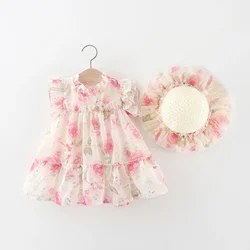 New Summer Girls Dress Pastoral Style Small Flying Sleeve Flower Cake Layer Lace Pleats Lace Pleats + Delicate Hat Romantic