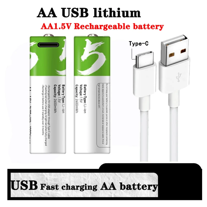 

2024 New 1.5V AA USB Rechargeable Battery 2600mwh Li-ion Battery for Remote Control Mouse Electric Toy Battery + Type-C Cable