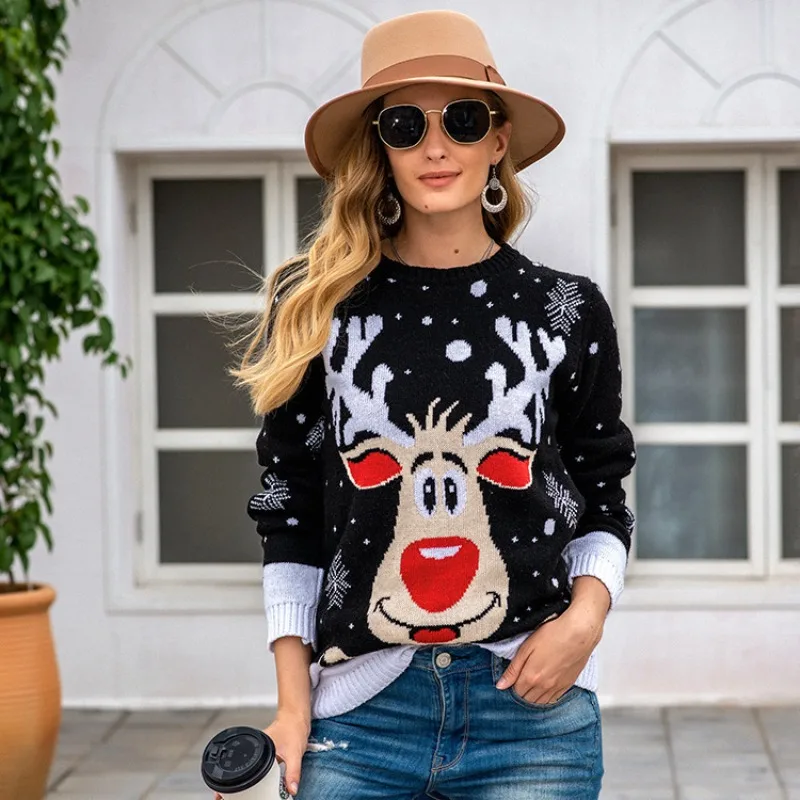 

Women's Casual Loose Fit Round Neck Pullover Sweater, Christmas Reindeer Jacquard Knitted Top
