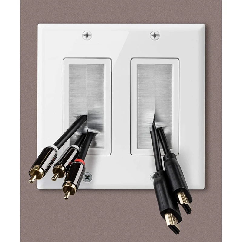 2-Gang Wall Plate, Brush Style Opening Passthrough Low Voltage Cable Plate In-Wall Installation For Speaker Wires