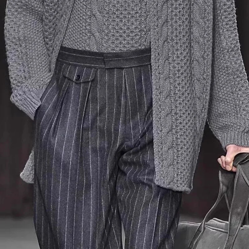 กางเกงขายาวลายทางตรงทรงหลวมแฟชั่นทวีดลำลองสำหรับผู้ชายฤดูใบไม้ร่วงฤดูหนาว