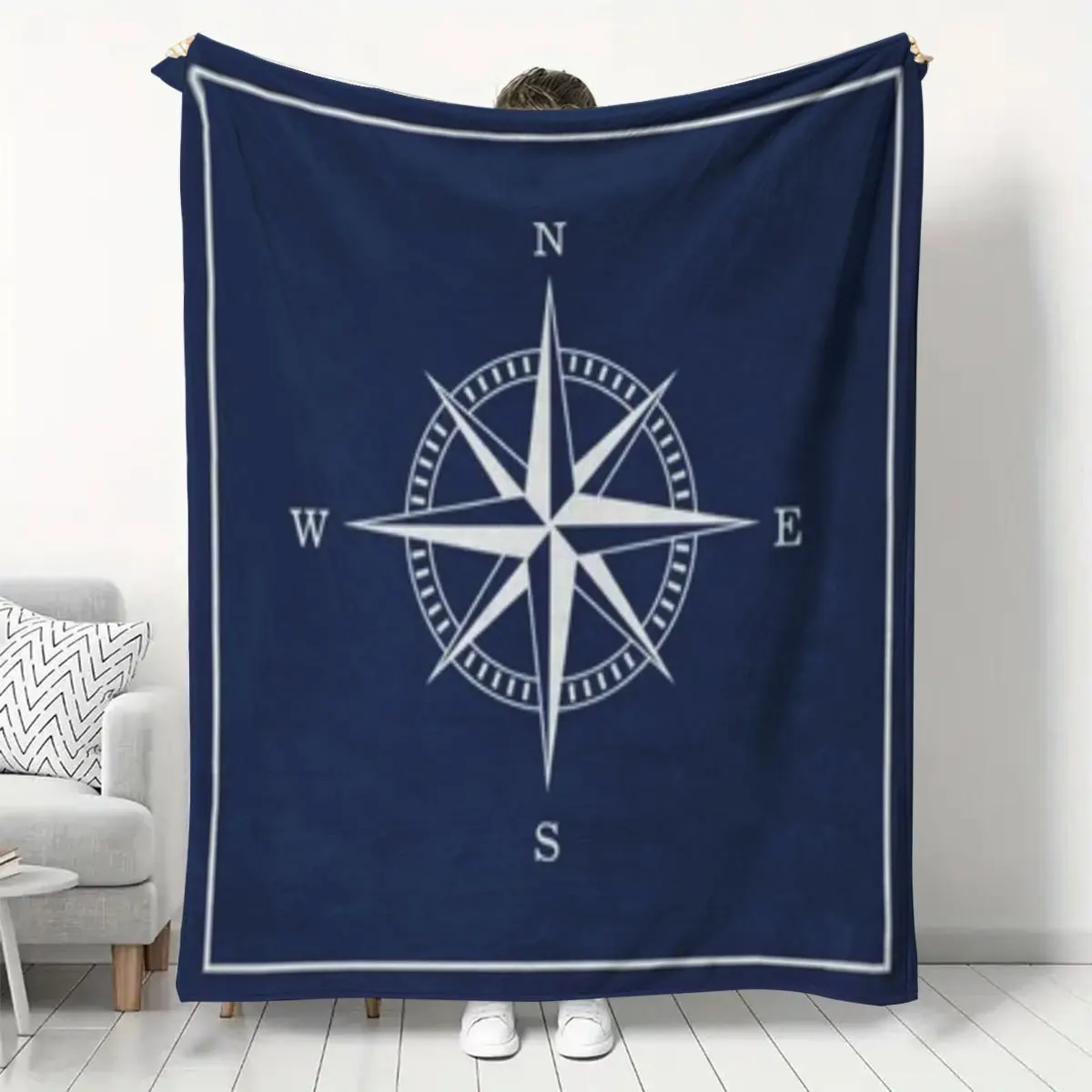 Marine Navy Blue Compass Theme Flannel printed blanket suitable for all seasons suitable for living room office sofa and travel