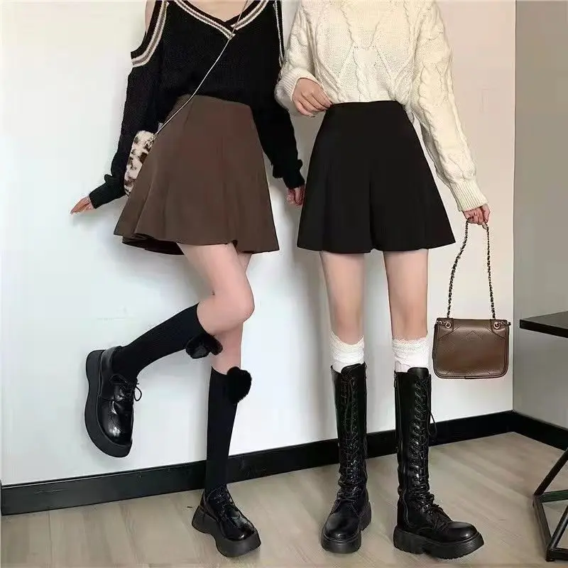 

Winter Woolen Mini Pleated Skirts For Women Preppy Style A Line High Waist Umbrella Skirt Streetwear Solid Short Skort Oversized