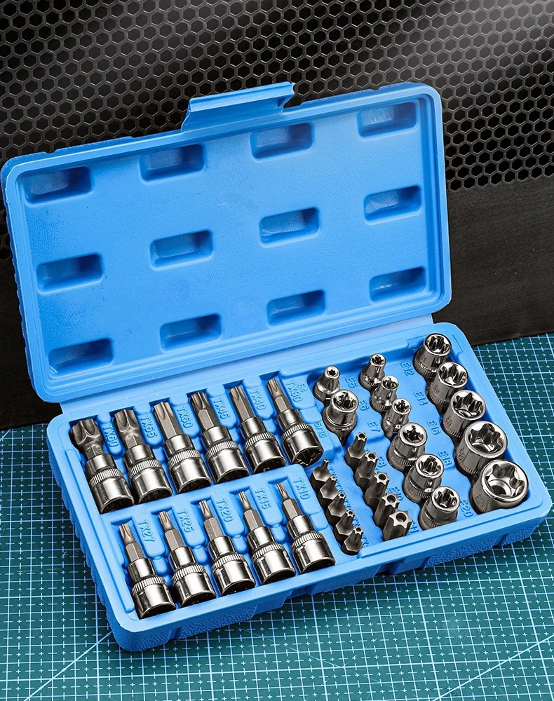 

34pcs Torx Bit Socket and E-Torx Star Socket Set 1/4" 3/8" 1/2" Drive Male Female E-Torx Star Socket Set Handheld Tool with Case
