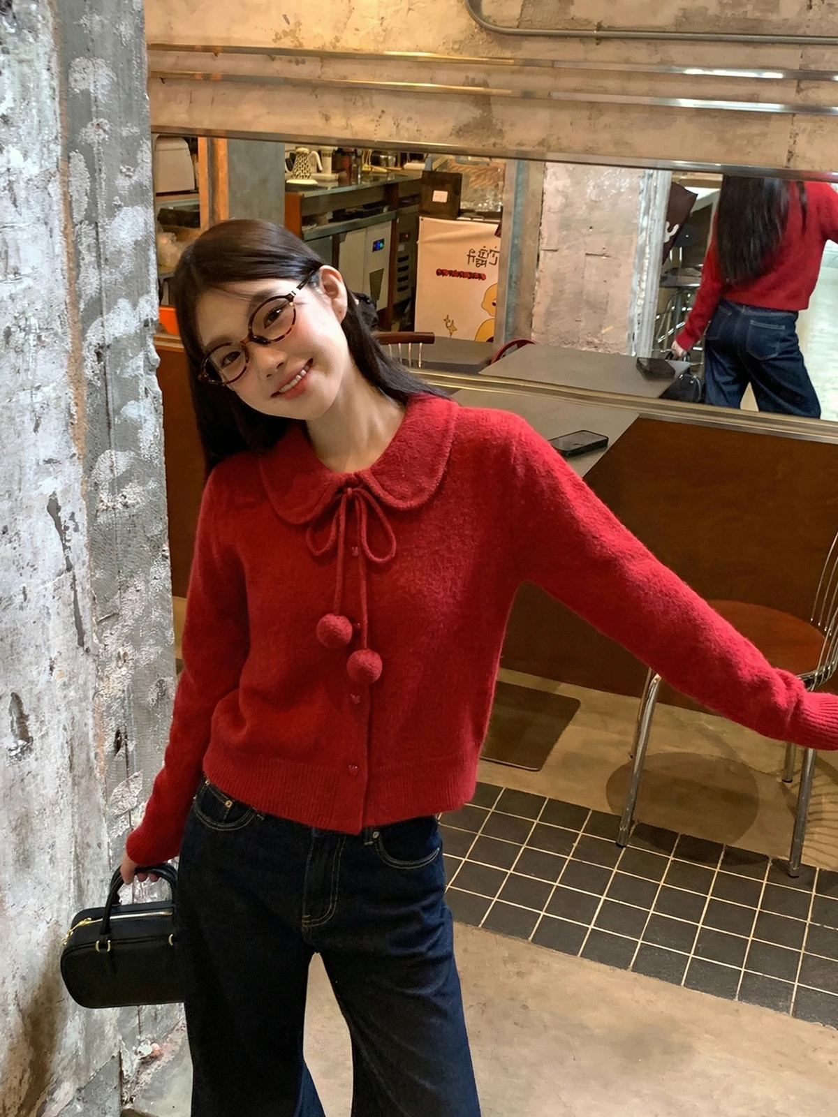 

Red ort Knitted Sweater with Doll Collar Women's Winter Faion Korean Sle Cardigan Balled Tie Waist Slimming Top