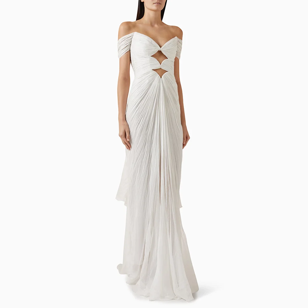 Abito da ballo semplice bianco Abito lungo fino al pavimento in chiffon con spalle scoperte Abito da festa elegante a sirena con pieghe per donna personalizzato 2025