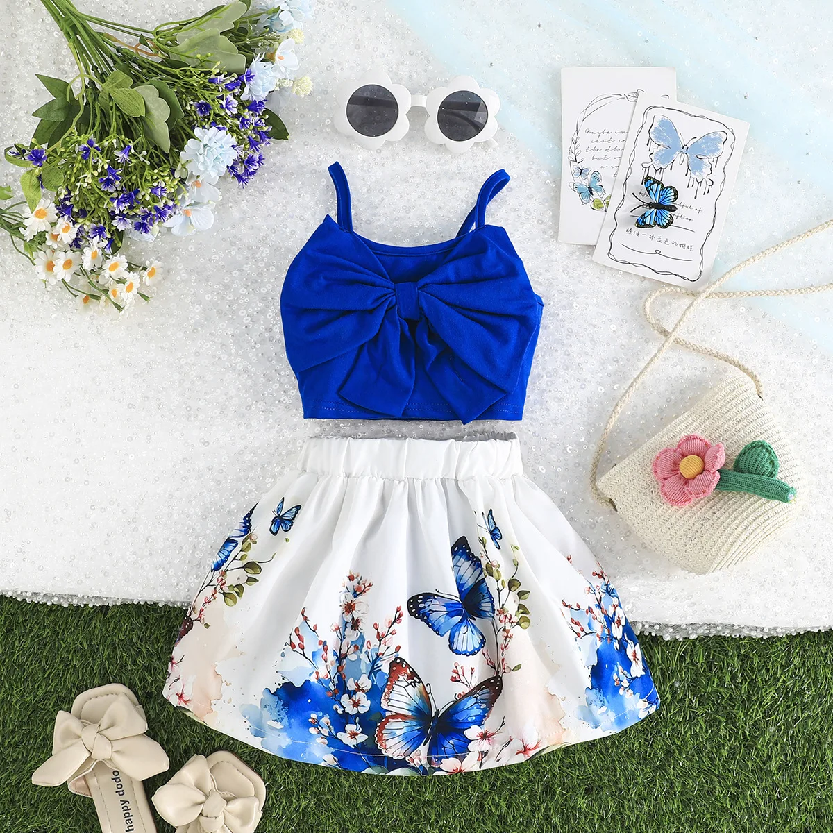 

Blue Bow Top & Butterfly Print Skirt Set for Girls, Cute Summer Outfit for Kids, Toddler Casual Party Dress, Sizes 0-3Years