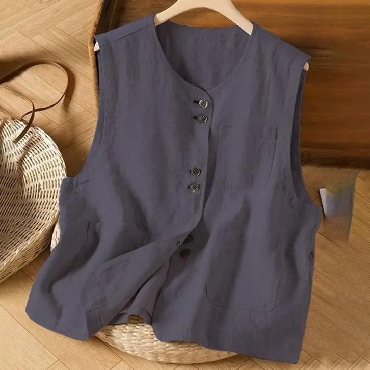 Literary and Artistic Cotton and Linen Vest for Women, Summer Short Sleeveless Vest Vest for Outer Wear Casual Loose Women's V