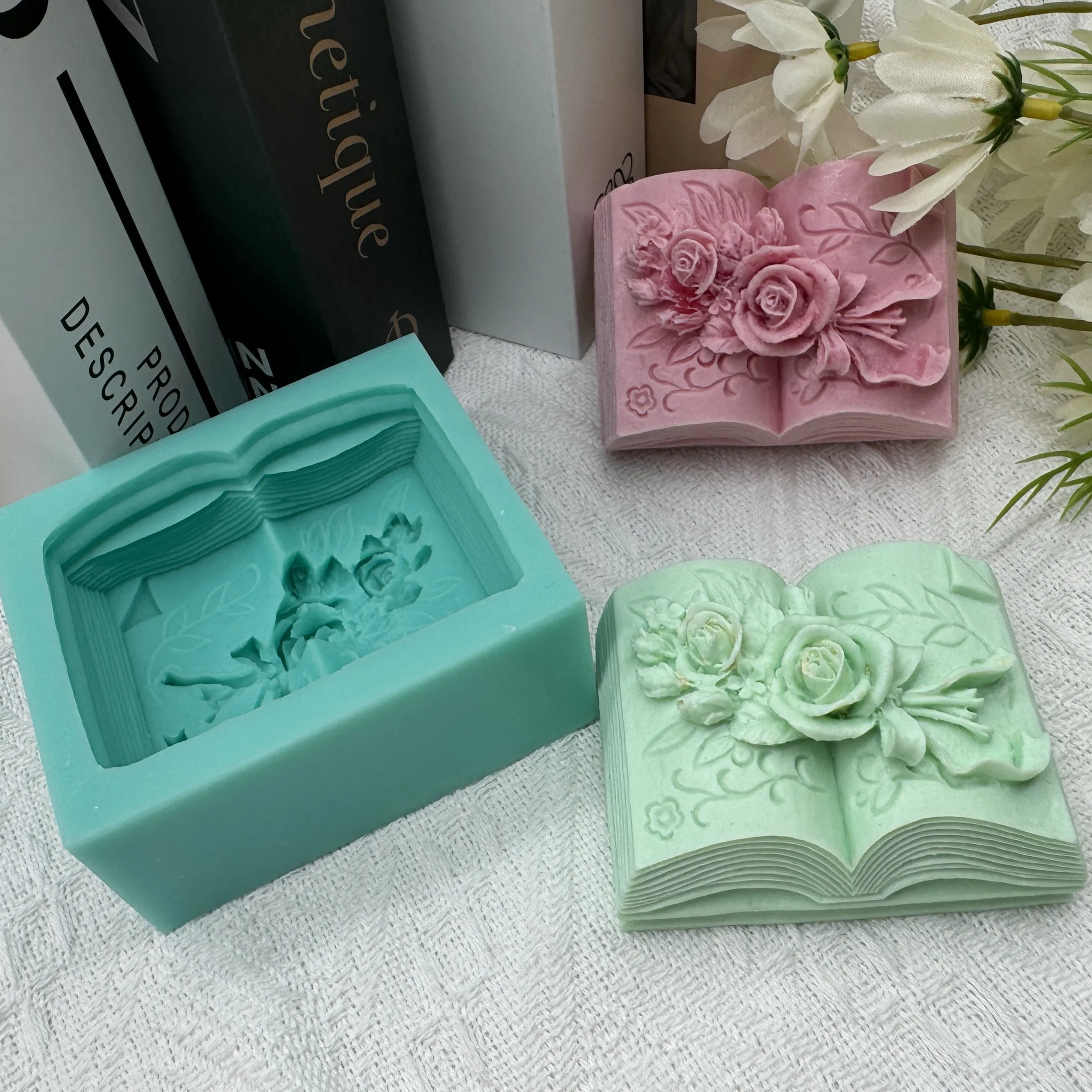 3D Book Flower Carved Silicone Soap Mold,Candle Wax Molds,Chocolate Cake Baking Mould,Plaster Epoxy Diffuser Silicone Mold