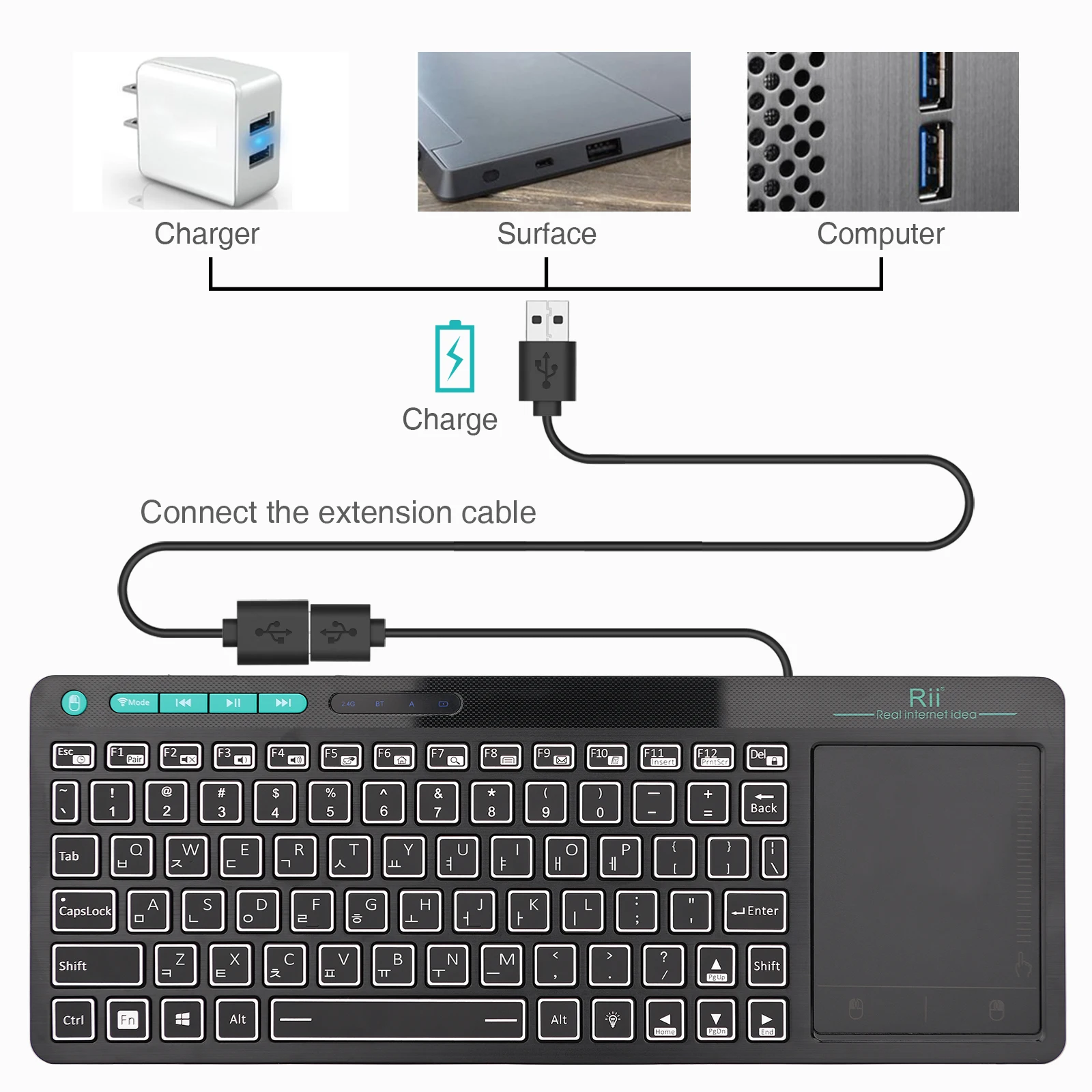 Rii K18S Mini Bluetooth Wireless 2-LED Color Backlit Multimedia Keyboard Mouse Rechargable Keyboard For Android TV Box /PC