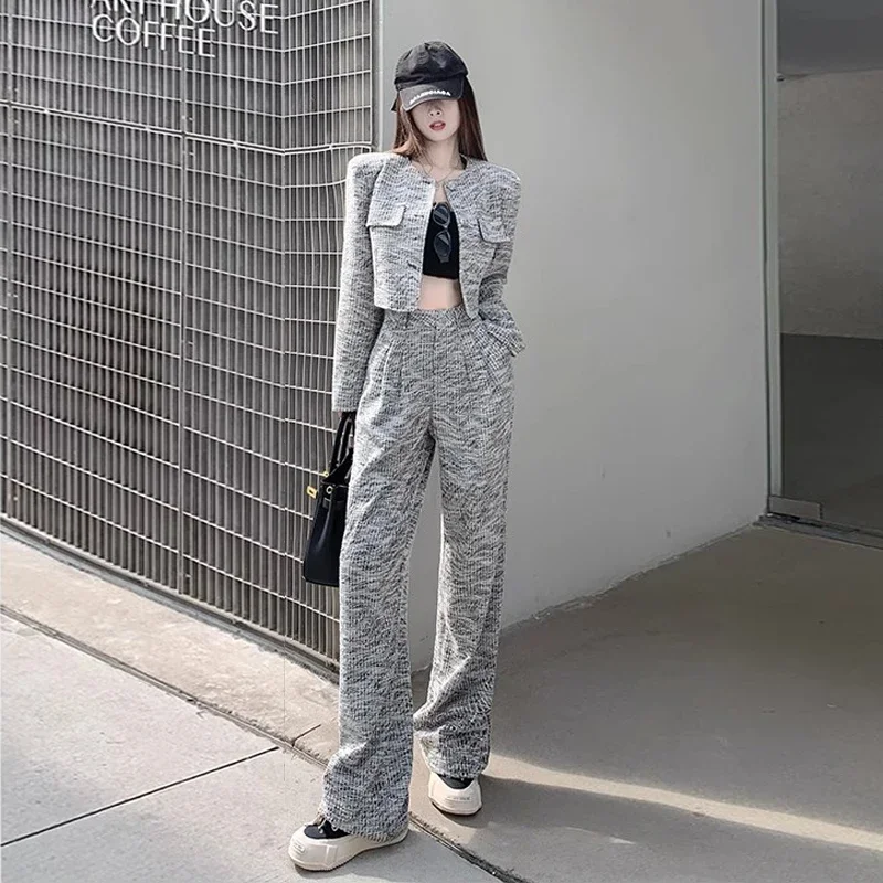 

Sweet Hot Girl Suit Women's Autumn and Winter O-neck Long-sleeved Short Jacket High Waist Wide Leg Pants Fashion Two-piece Set