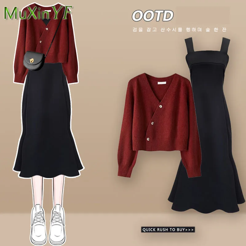 2024 Autumn Winter Fashion Short Knitting Sweater+suspender Dress Two-piece Korean Elegant Bow Cardigan Sexy Fishtail Skirt Set