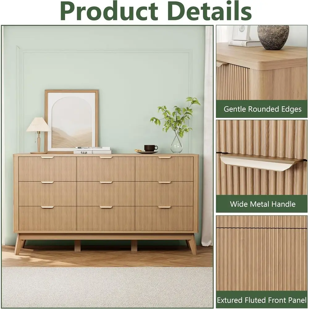 Large commode en bois massif à 9 tiroirs en chêne naturel pour le rangement de la chambre à coucher et les espaces de vie