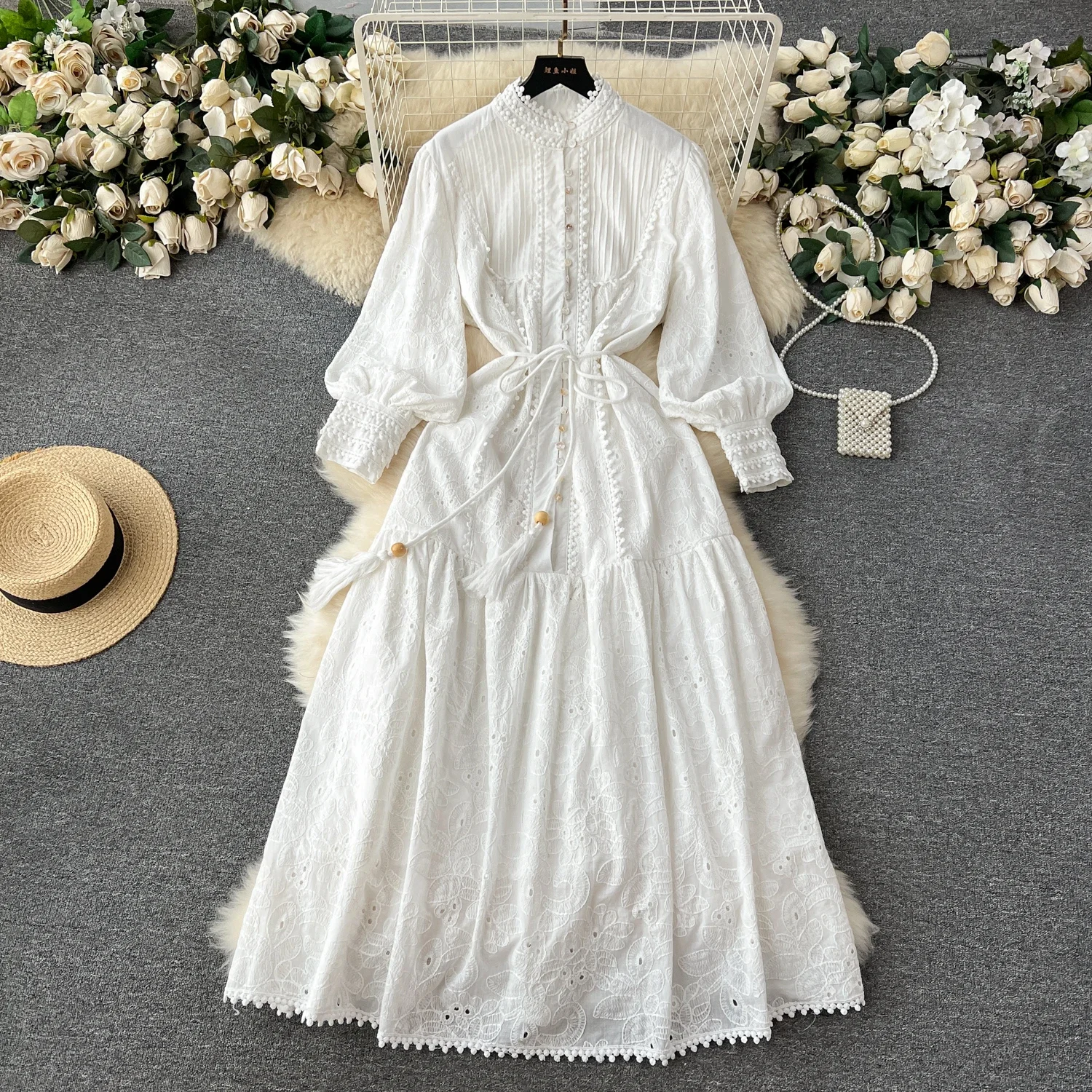 Vintage Stand Neck Lantern Sleeve Chic Embroidered Hook Flower Slim Bandage Dresses French Evening Women Fashion Autumn Clothing