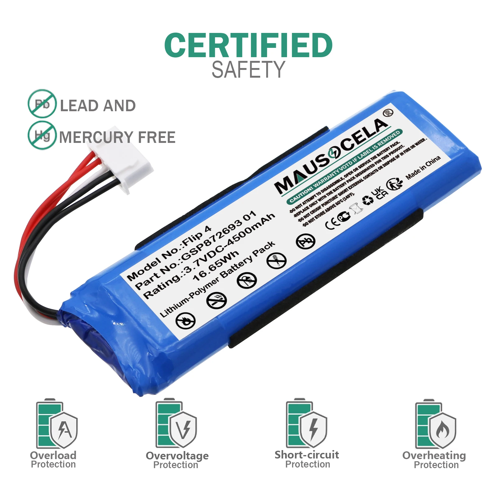 4500mAh Speaker Battery For JBL:Flip 4,Flip 4 Special Edition,GSP872693 01,GSP872693 03A,P763098 03A,+Toolkit--Li-Polymer--3.70V view 2