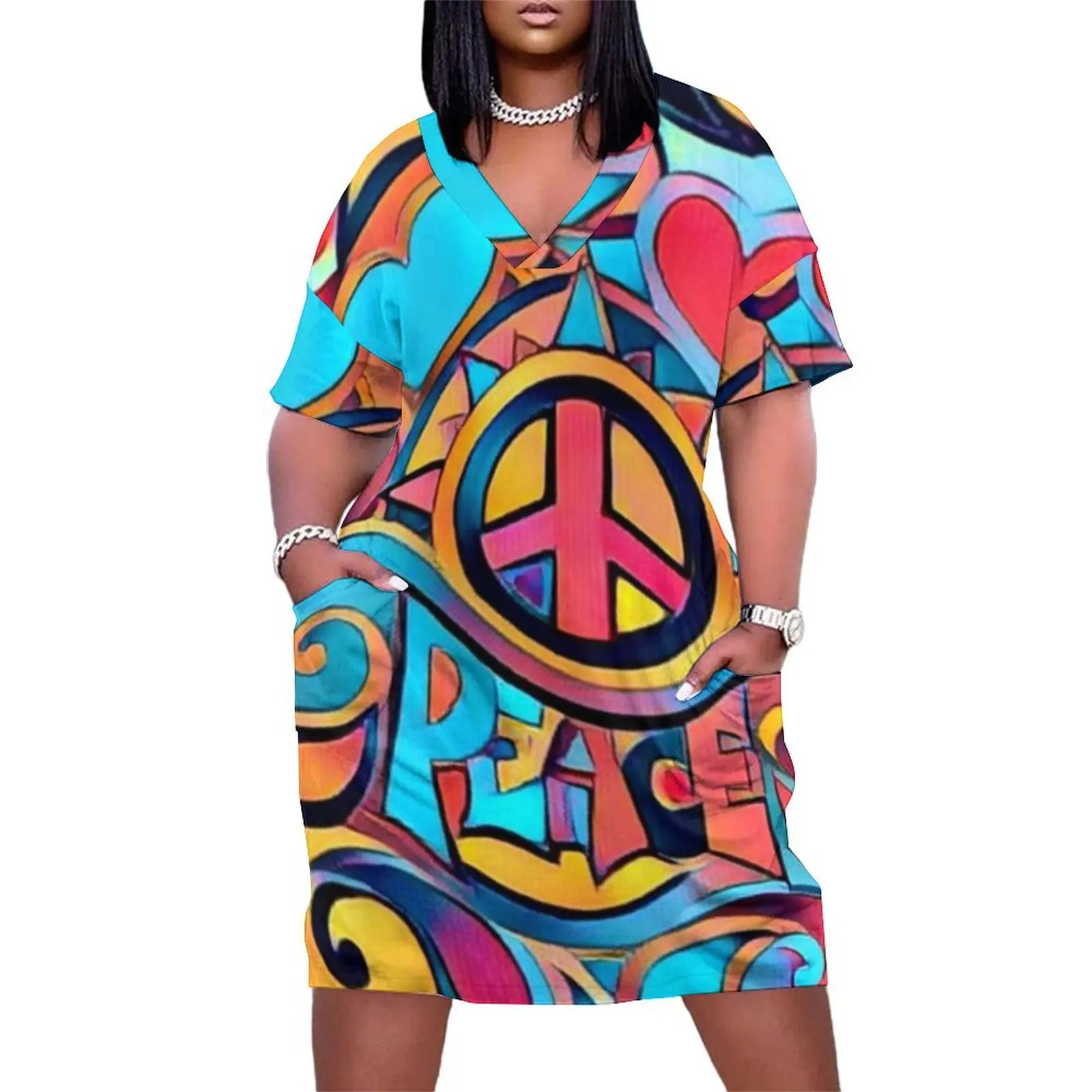 

Peace and Love Colorful Retro Art Loose Pocket Dress womens dress chic and elegant woman dress