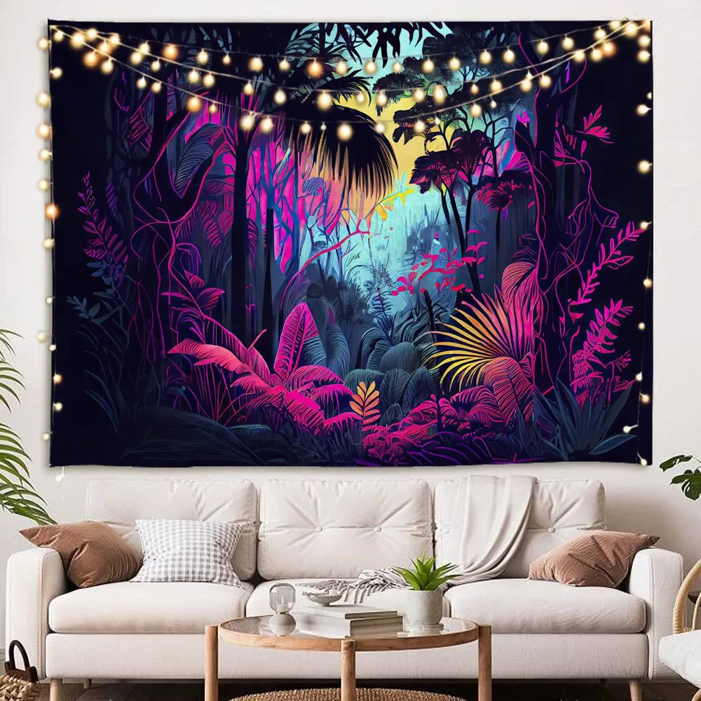 

Colorful Jungle Tapestry Mysterious Landscape Wall Hanging Fantasy Flowers Lotus Coconut Trees Home Decoration Background Cloth