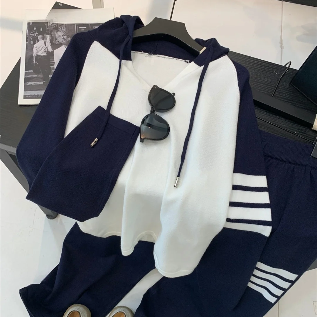 Ensemble tricoté à capuche décontracté en mélange de laine, haut de gamme, couleur Blo, pantalon à jambes larges, Sli Age-Defng, ensemble deux pièces pour femmes