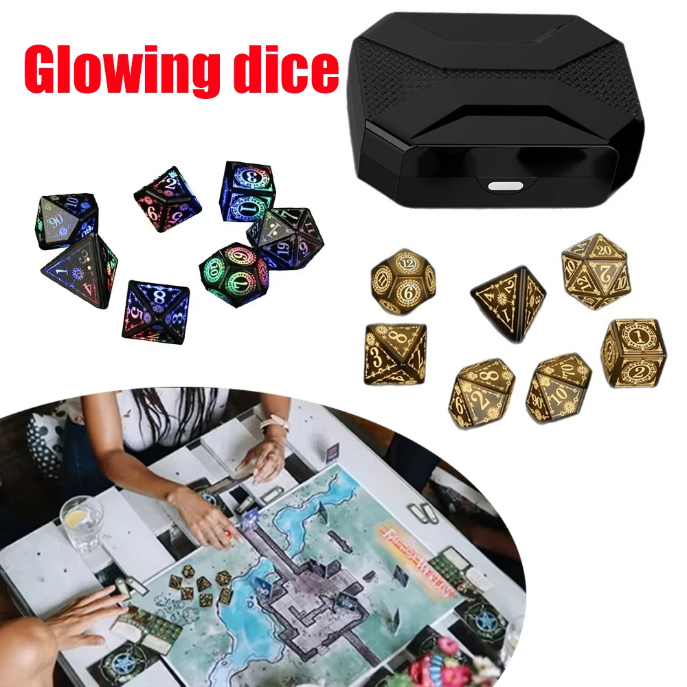 7 Pcs/set Electronic Luminous DND LED Dice Set Dungeons Dragons Rechargeable Light Up Dice with Charging Box Motion Activated