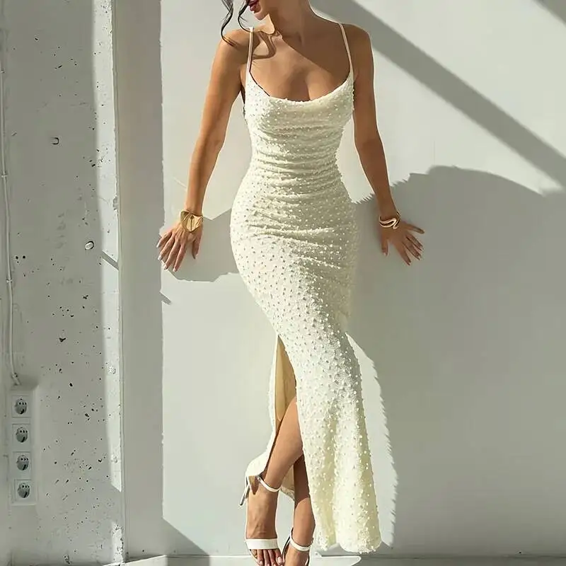 Moda slash neck oco magro bodycon primavera verão sem mangas alças longo feminino sólido lado split boho vestido mujer