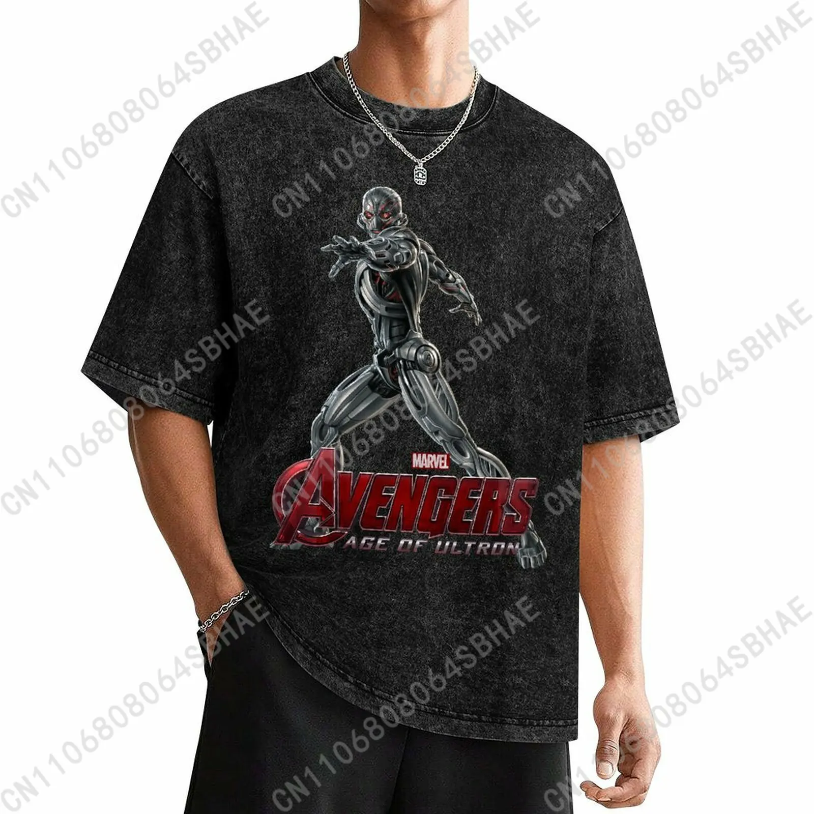

Marvel Ultron Custom Mens Vintage T Shirt Washed Distressed Tee Men Retro Short Sleeve Personalized Cotton Shirt Cosplay