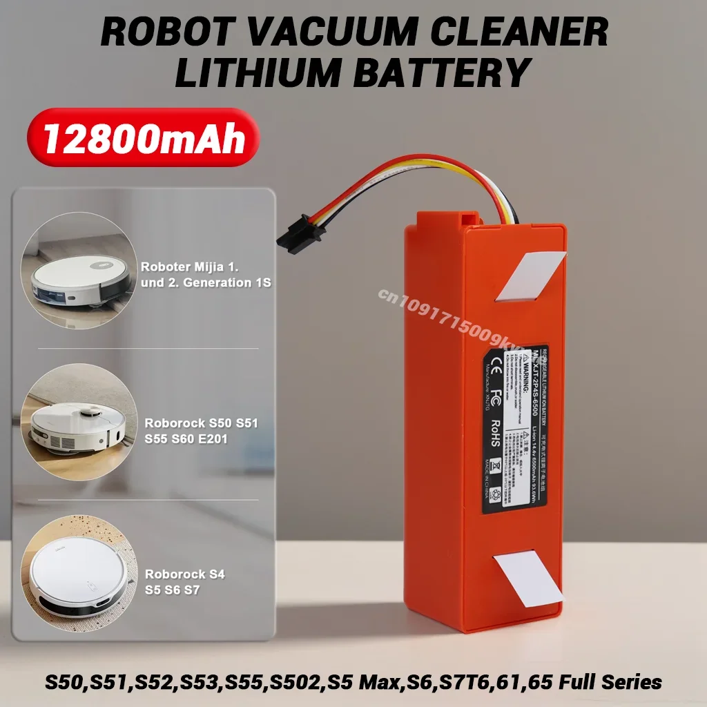 CE/FCC 14.4V 12800mAh High Capacity Replacement Battery for Xiaomi Roborock S7/S6/S5 Full Series - Long Lasting Sweeper Battery