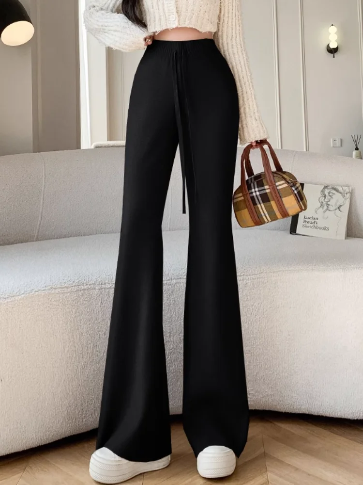 Knitting Slim Chic Female Flare Pants Office Lady High Waist Drawstring Solid Color Simple Fashion Women Trousers