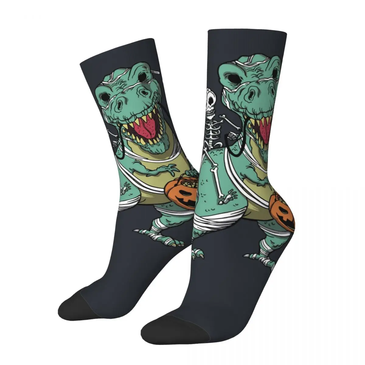 Happy Halloween Skeleton Riding Mummy Dinosaur T Rex Pumpkin Men's Socks Harajuku funny skeletons Seamless Crew Sock tops fugees