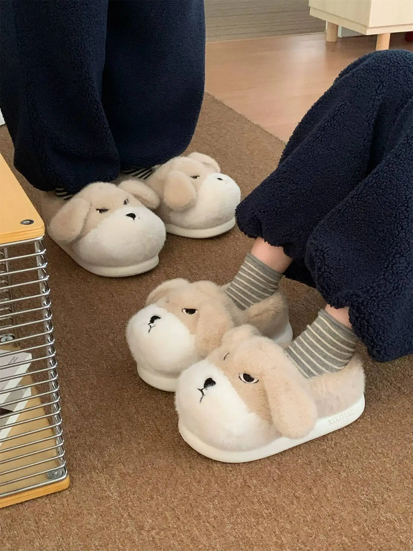 2026 Winter Couple Cute Furry Slippers Men Women Warm Closed Back Home Non Slip Unique Grumpy Dog Design Indoor Cotton Shoes